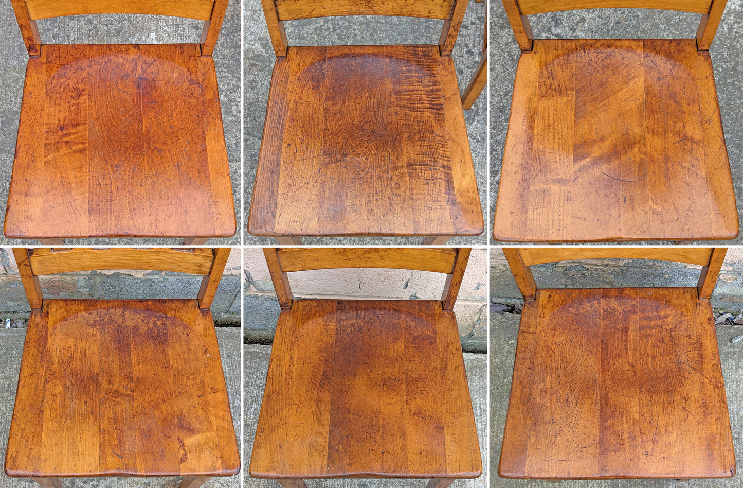 Set of 6 Antique Vintage Old Reclaimed Salvaged Arts Crafts Solid Maple Wood Wooden School Church Lodge Side Accent Dining Seat Chairs