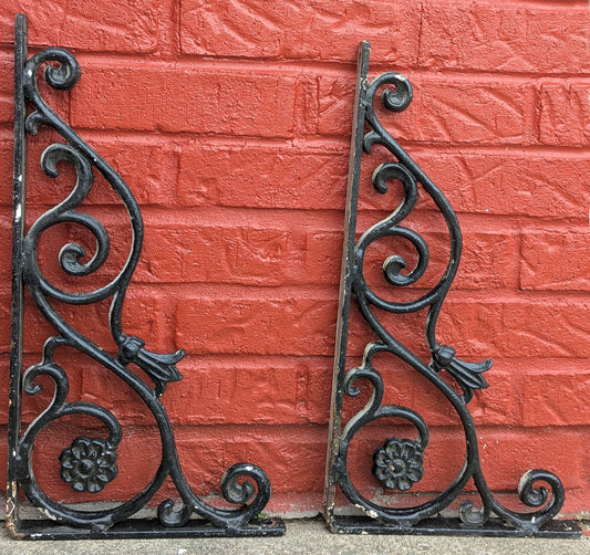 Large HEAVY Pair 19"x10" Antique Vintage Old Reclaimed Salvaged Cast Iron Ornate Victorian Shelf Bracket Support Corbel End