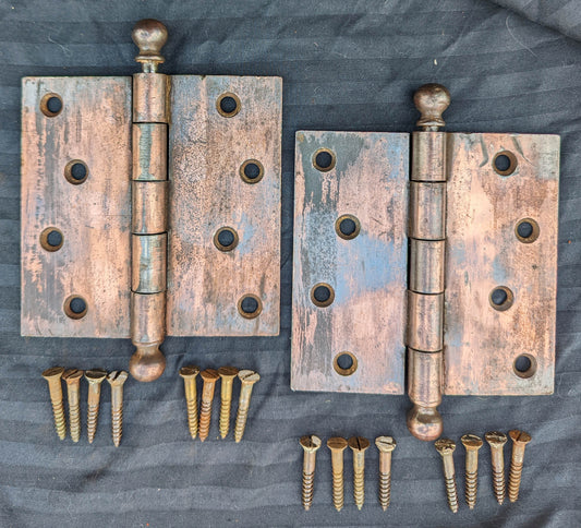 Pair 4.5"x5.5" Antique Vintage Old Reclaimed Salvaged "Stanley" Steel Copper Steel Ball Tip Finial Exterior Entry Door Hinges Screws