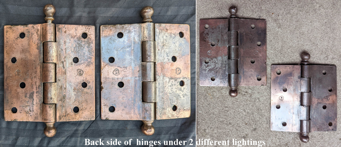 Pair 4.5"x5.5" Antique Vintage Old Reclaimed Salvaged "Stanley" Steel Copper Steel Ball Tip Finial Exterior Entry Door Hinges Screws