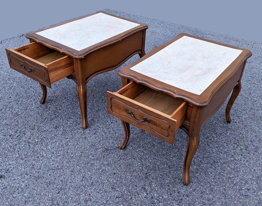 Pair Vintage "Mersman" Mid Century Modern MCM Antique Old SOLID Maple Wood Wooden Formica French Accent End Table Nightstands Night Stand