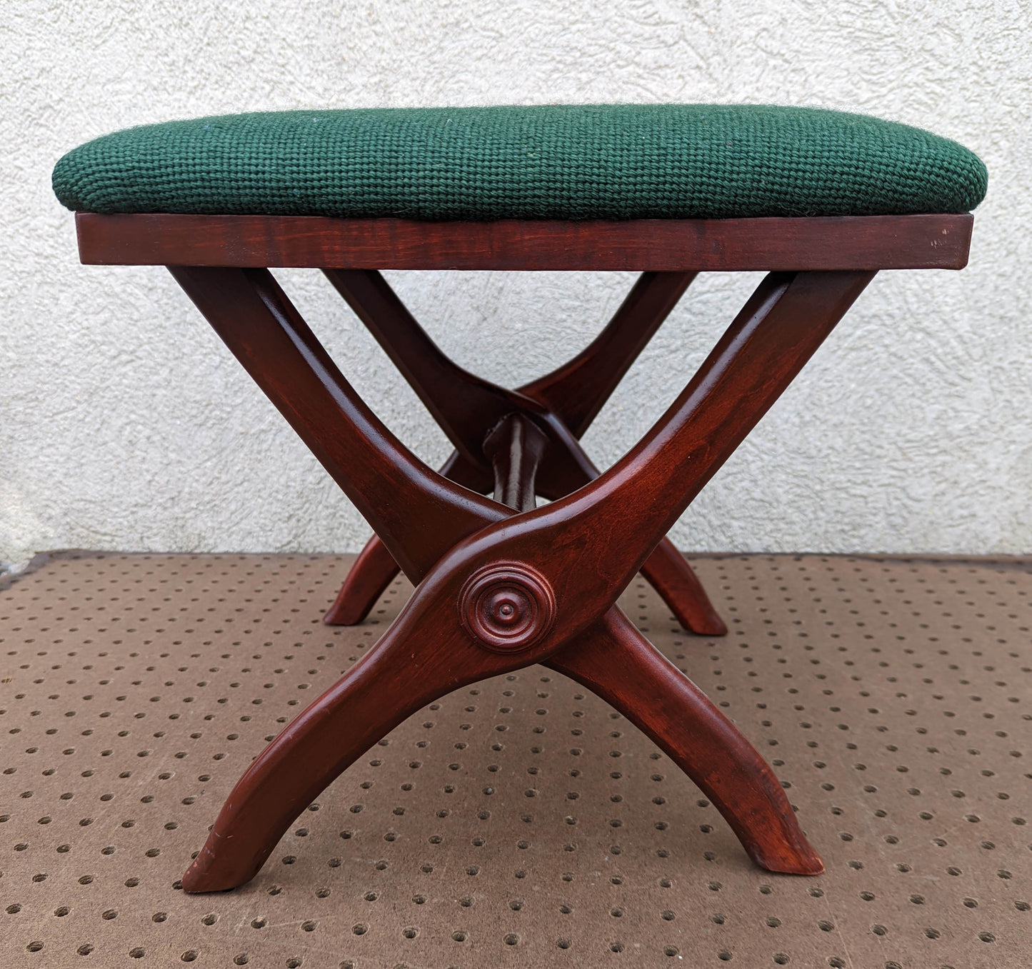 Antique Vintage Old Victorian SOLID Wood Wooden Kneeling Bench Foot Stool Ottoman Plant Stand Green Floral Fabric Needlepoint Design