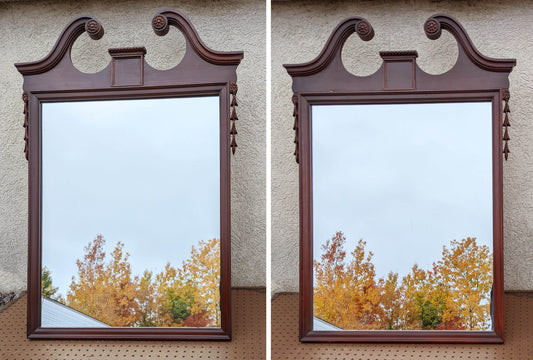 30"x41" Antique Vintage Old Solid Mahogany Wood Wooden Hanging Wall Hanging Mirror Glass Ornate Decorative Chippendale Hepplewhite Style