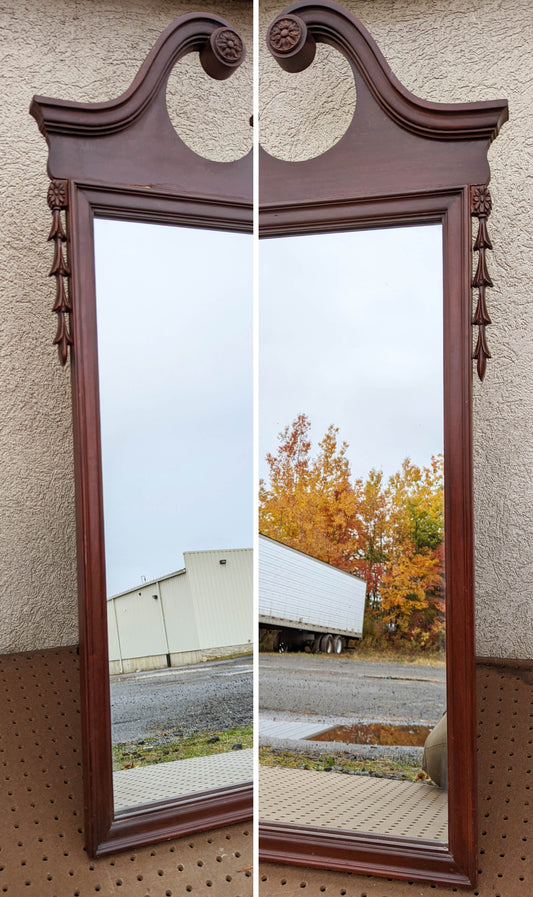 30"x41" Antique Vintage Old Solid Mahogany Wood Wooden Hanging Wall Hanging Mirror Glass Ornate Decorative Chippendale Hepplewhite Style