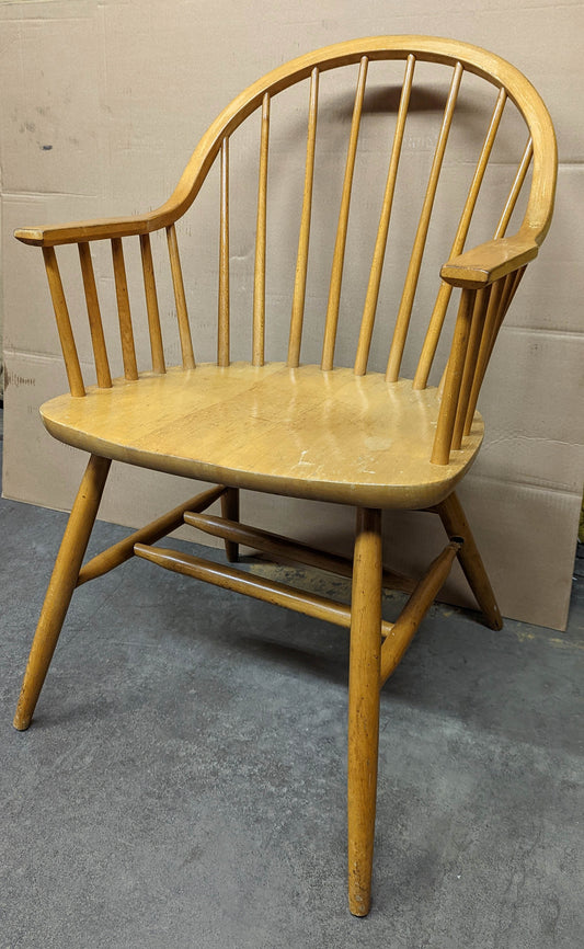 Wide Vintage Antique Old Rustic Solid Maple Wood Wooden Spindle Back Dining Side Accent Arm Chair Armchair Saddle Seat Made in Yugoslavia