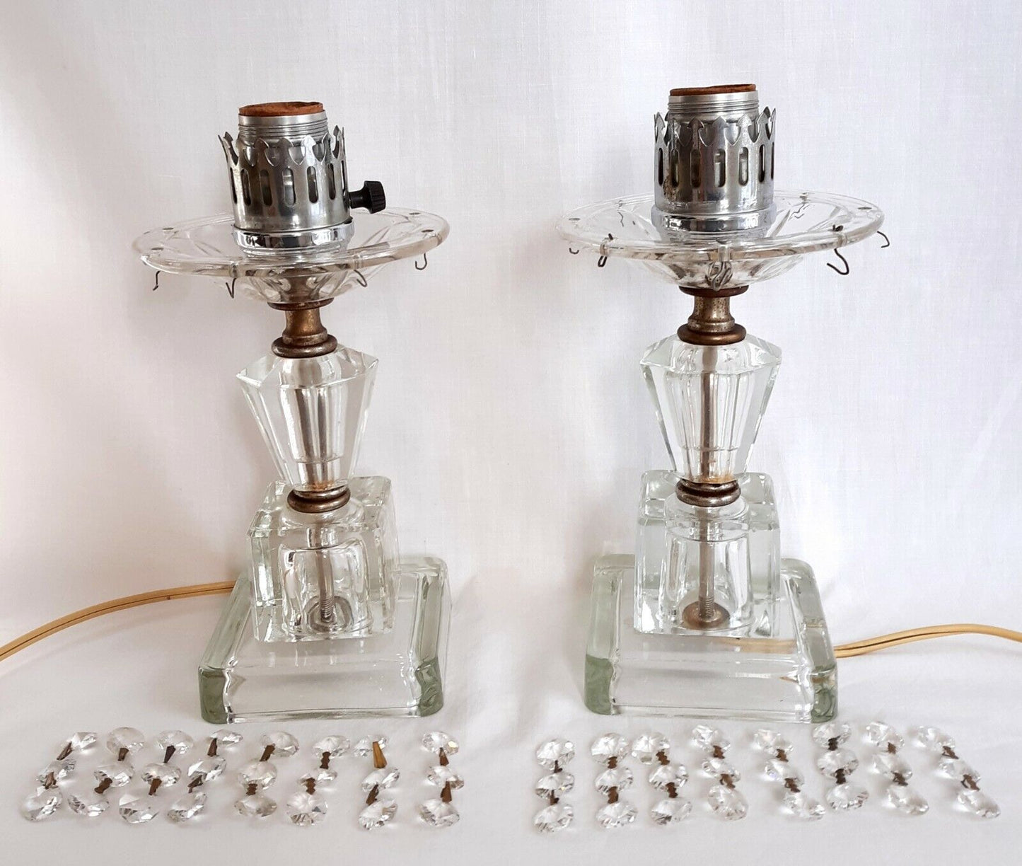 Pair Lamps Crystal Pressed Glass w/Dangling Crystal Bead Prisms Vanity