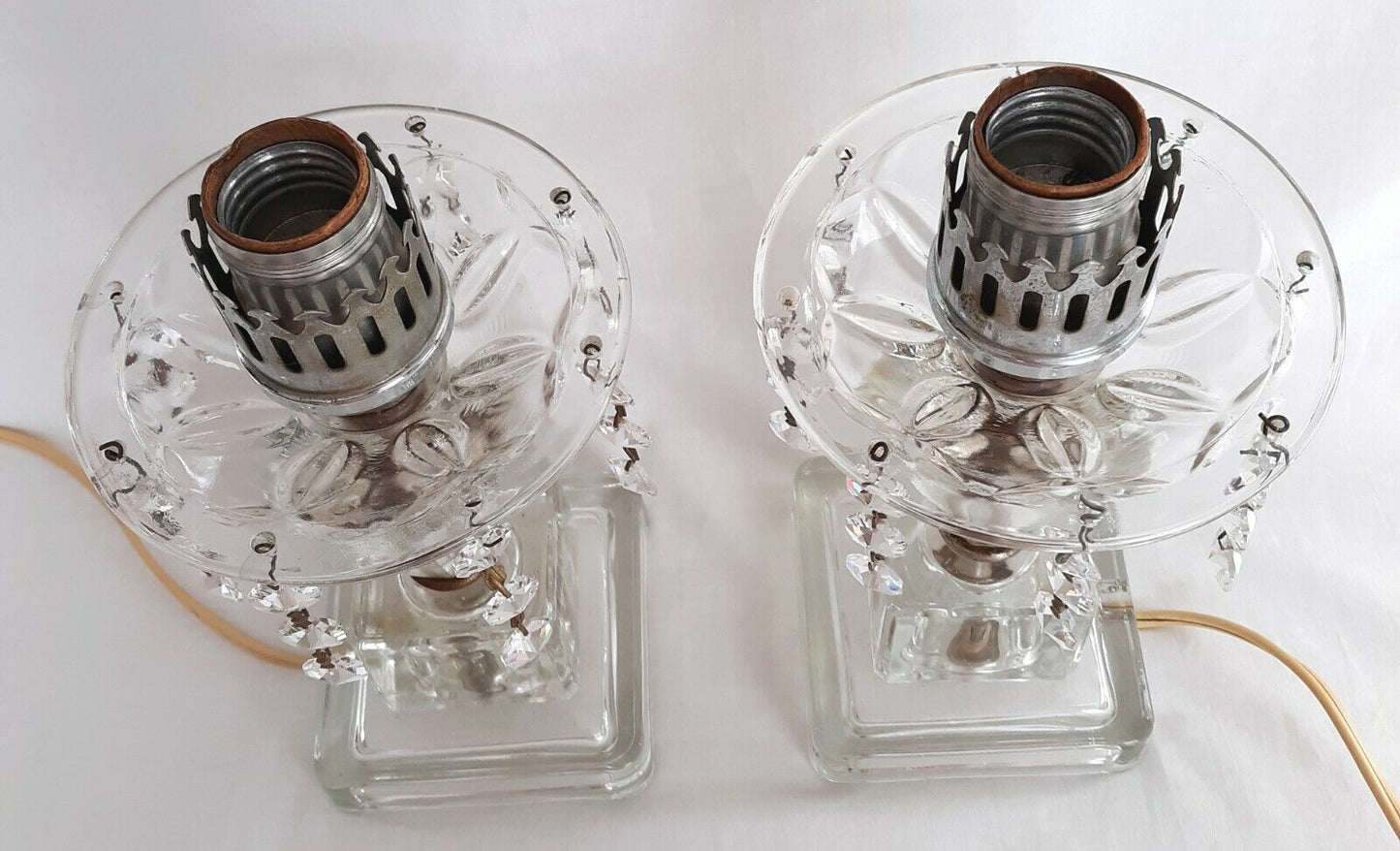Pair Lamps Crystal Pressed Glass w/Dangling Crystal Bead Prisms Vanity