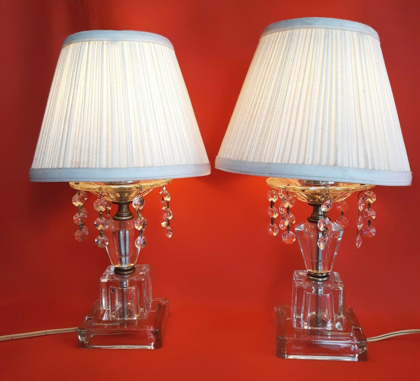 Pair Lamps Crystal Pressed Glass w/Dangling Crystal Bead Prisms Vanity