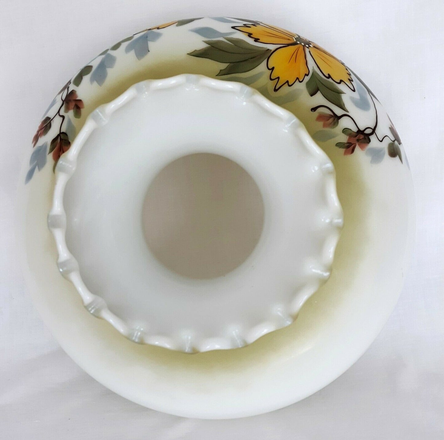 GWTW Lampshade Large Cased Glass Hand Painted Raised Floral Fluted Top 10"Fitter