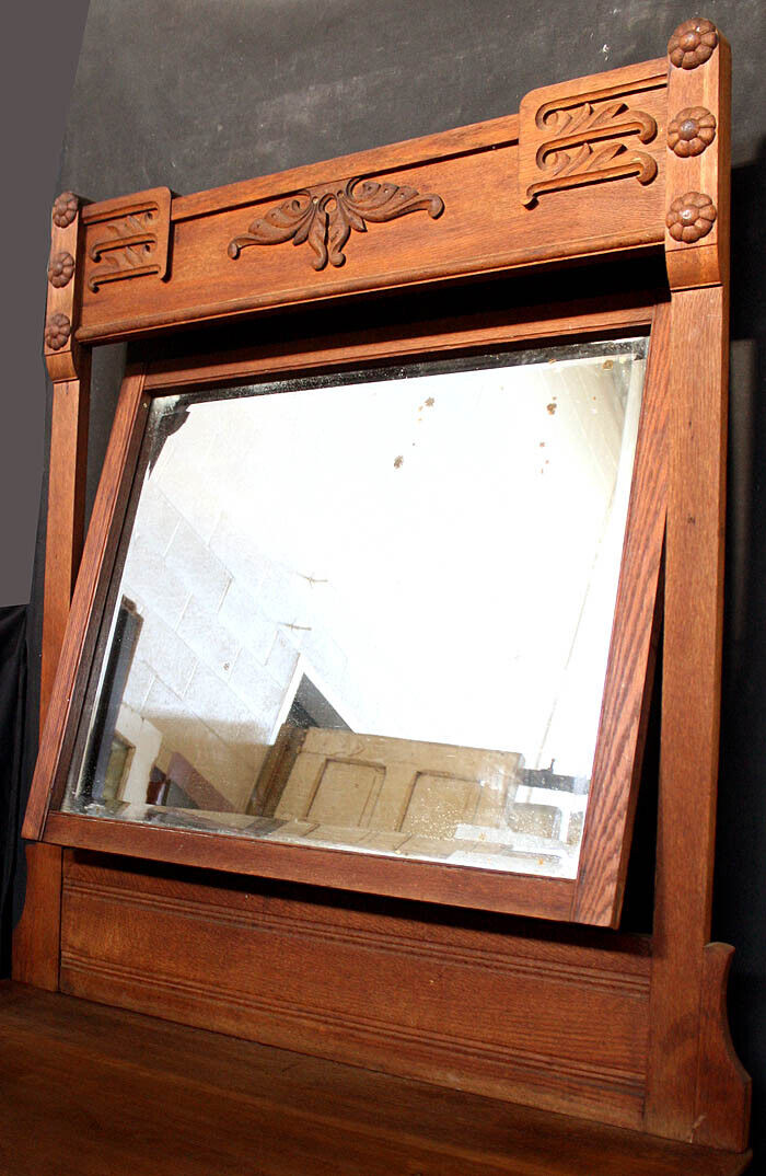 Antique Vintage Old Reclaimed Salvaged Victorian Eastlake Oak Wood Wooden Dresser Chest Vanity Beveled Mirror Key