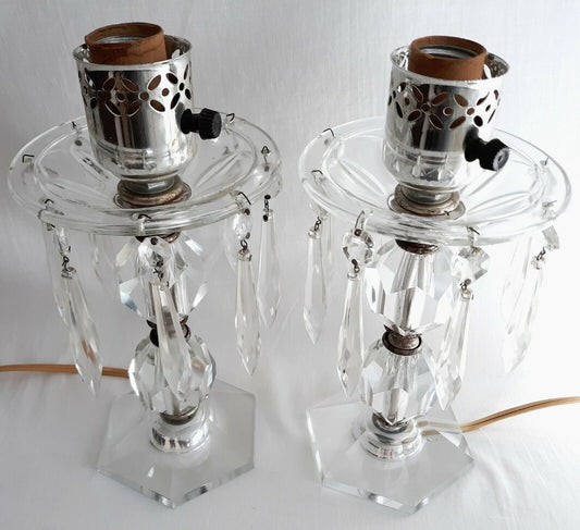 Pair Lamps Hand Cut Imported Lead Crystal w/Dangling Icicle Crystal Prisms VTG