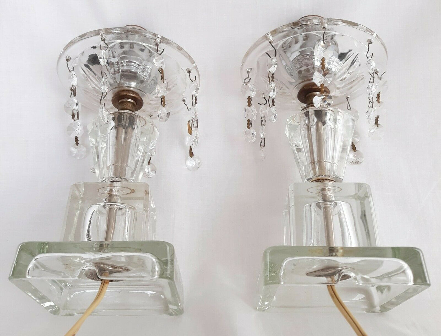 Pair Lamps Crystal Pressed Glass w/Dangling Crystal Bead Prisms Vanity
