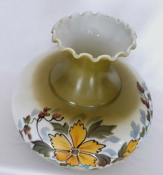 GWTW Lampshade Large Cased Glass Hand Painted Raised Floral Fluted Top 10"Fitter