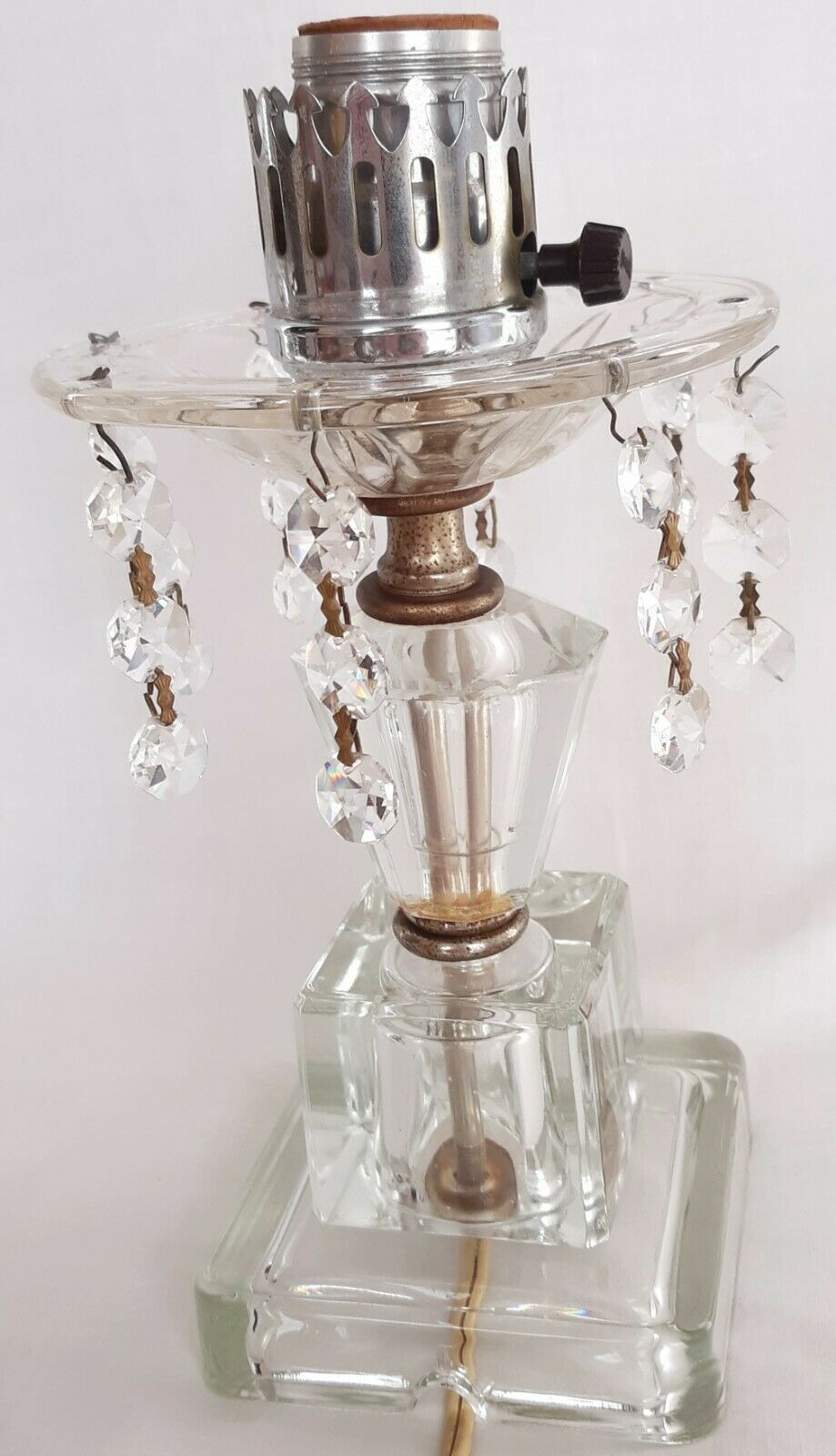 Pair Lamps Crystal Pressed Glass w/Dangling Crystal Bead Prisms Vanity