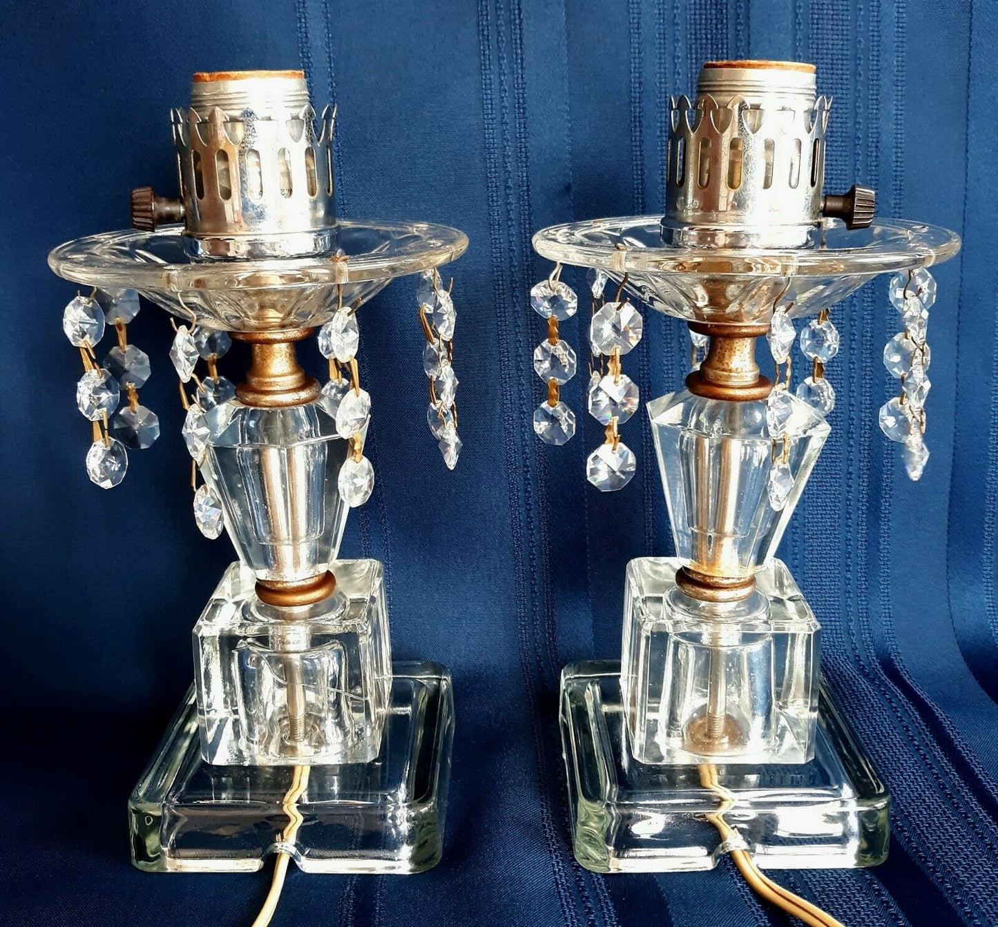 Pair Lamps Crystal Pressed Glass w/Dangling Crystal Bead Prisms Vanity