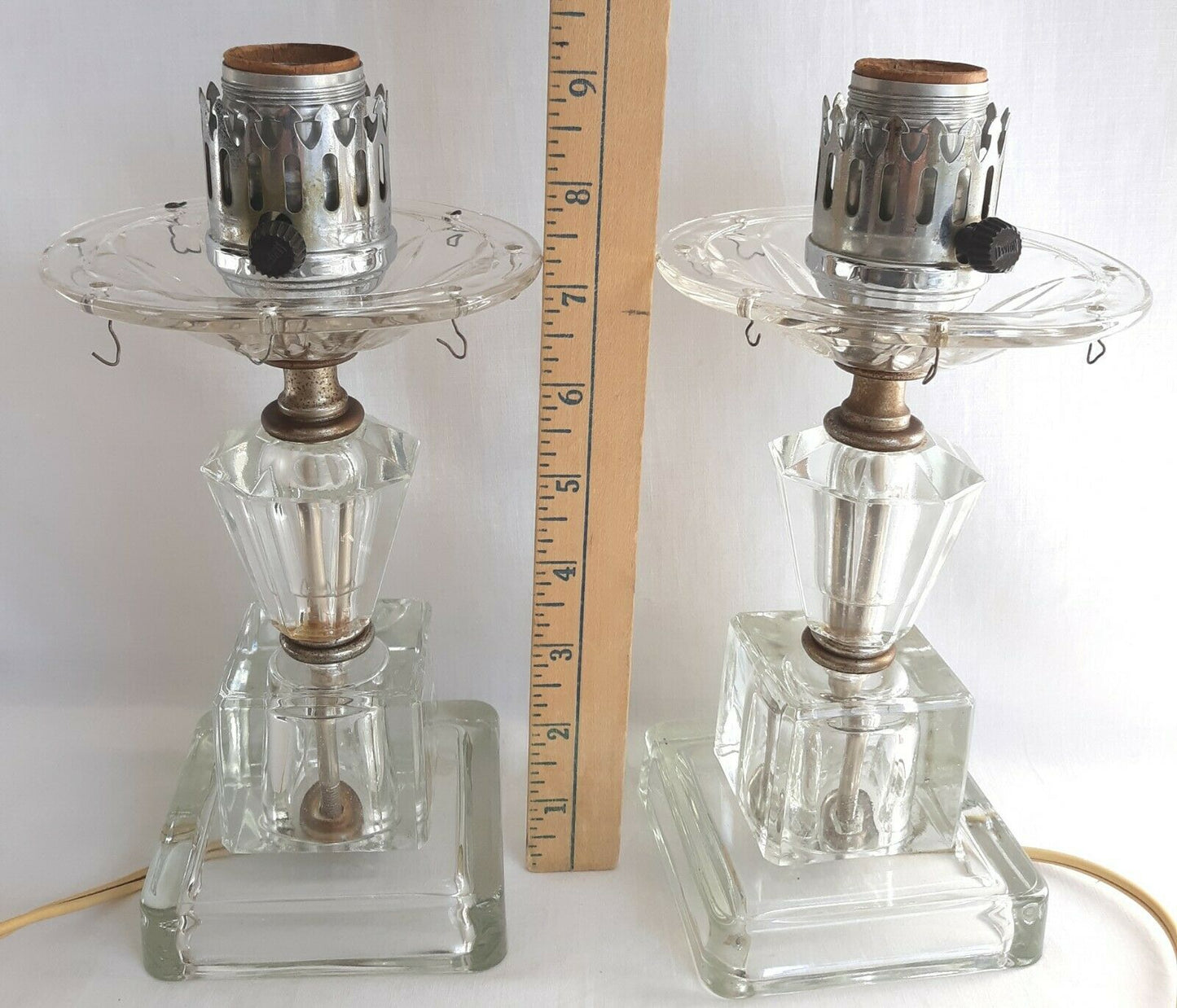 Pair Lamps Crystal Pressed Glass w/Dangling Crystal Bead Prisms Vanity