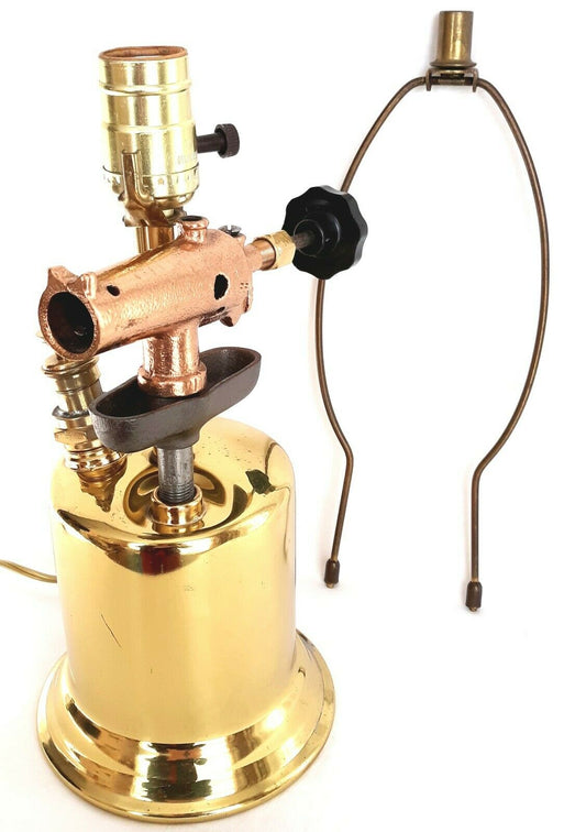 Antique Old Reclaimed Salvaged Decorative Upcycled Welding Blow Torch Electric Lamp Polished Brass