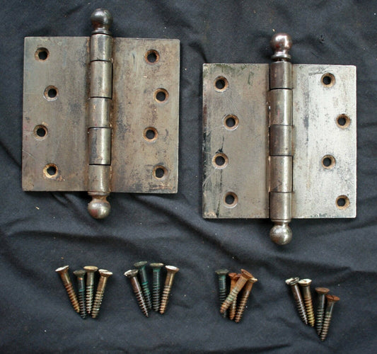 CLEAN Pair 4"x4" Antique Vintage Old Reclaimed Salvaged Chrome Steel Exterior Entry Door Hinges