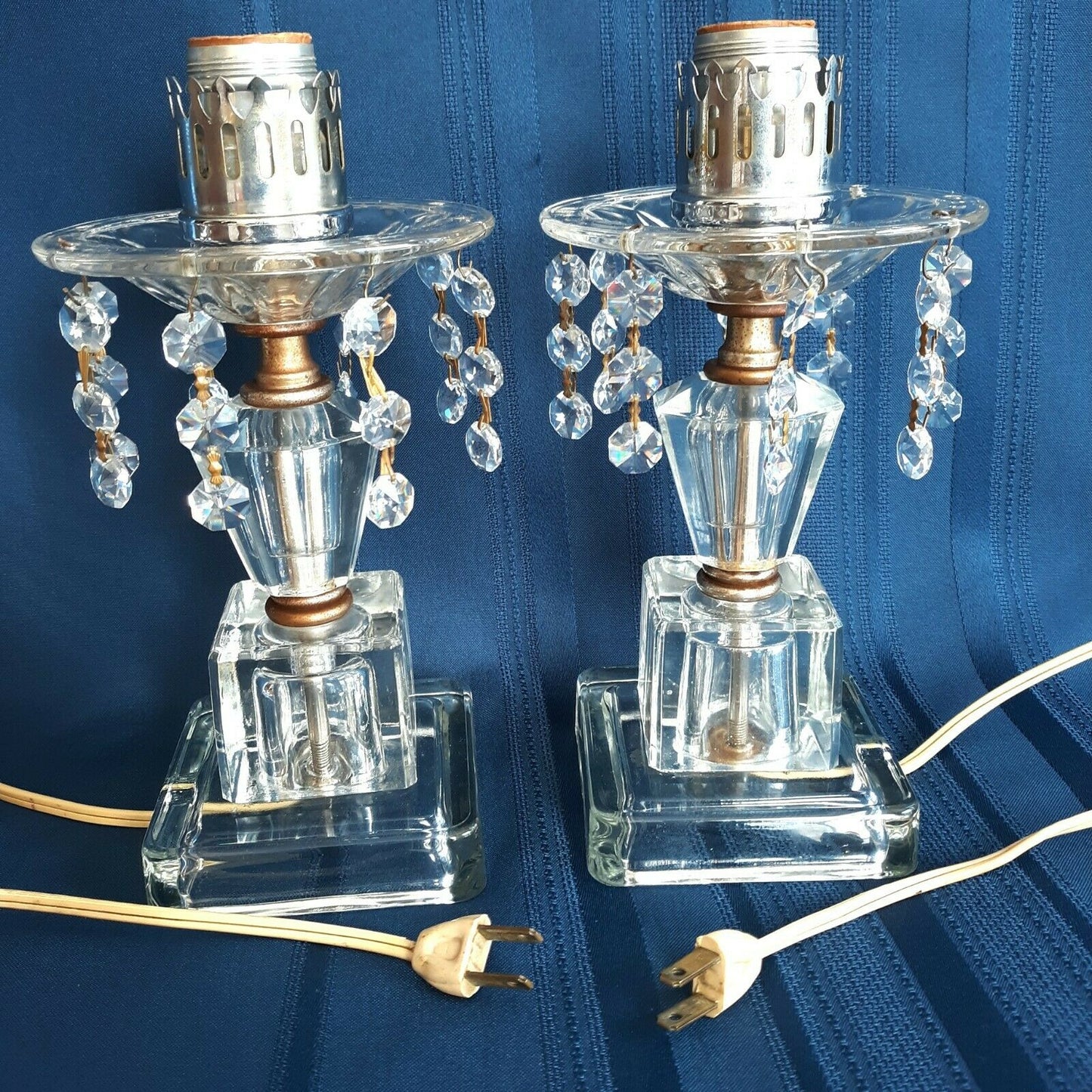 Pair Lamps Crystal Pressed Glass w/Dangling Crystal Bead Prisms Vanity