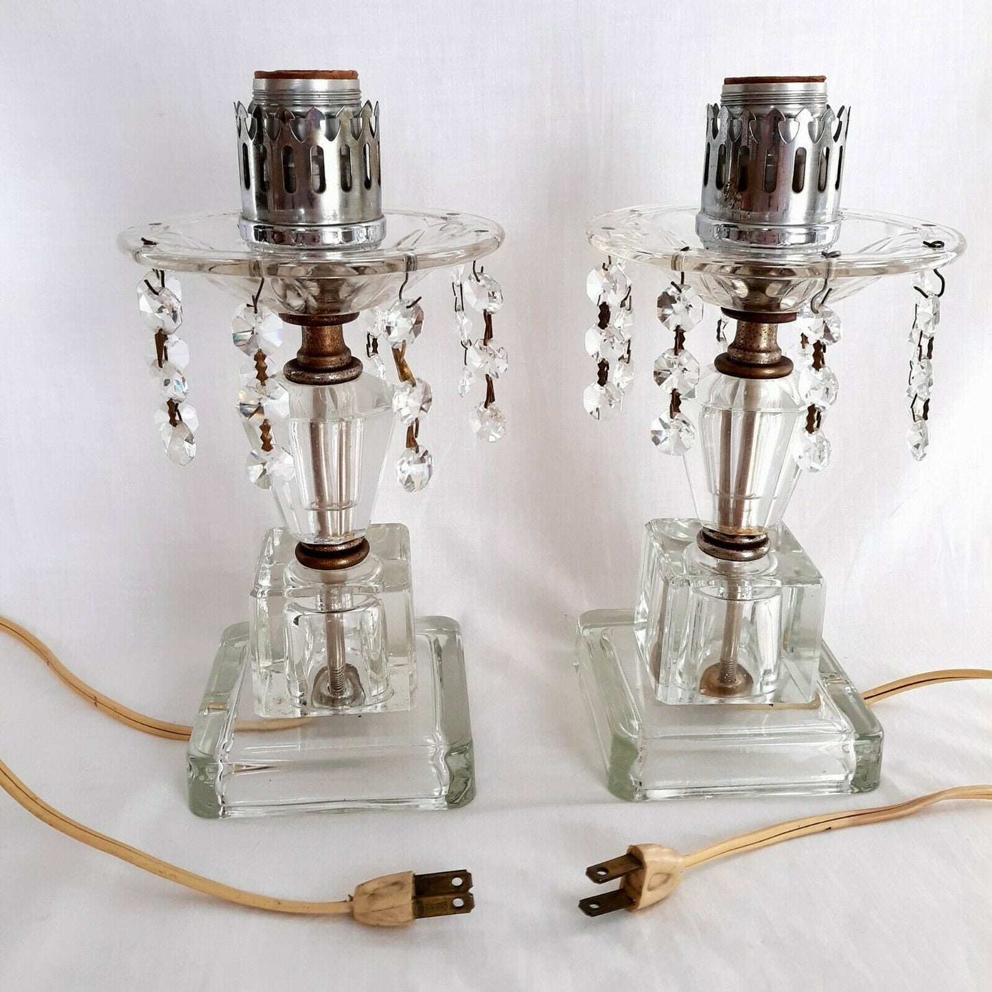 Pair Lamps Crystal Pressed Glass w/Dangling Crystal Bead Prisms Vanity