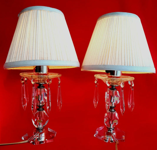 Pair Lamps Hand Cut Imported Lead Crystal w/Dangling Icicle Crystal Prisms VTG