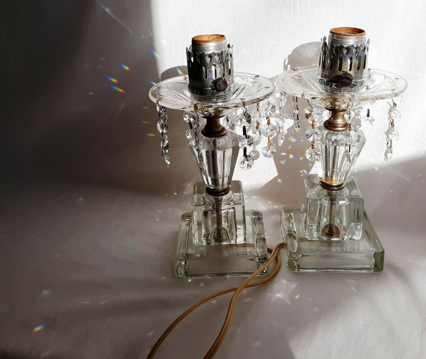 Pair Lamps Crystal Pressed Glass w/Dangling Crystal Bead Prisms Vanity