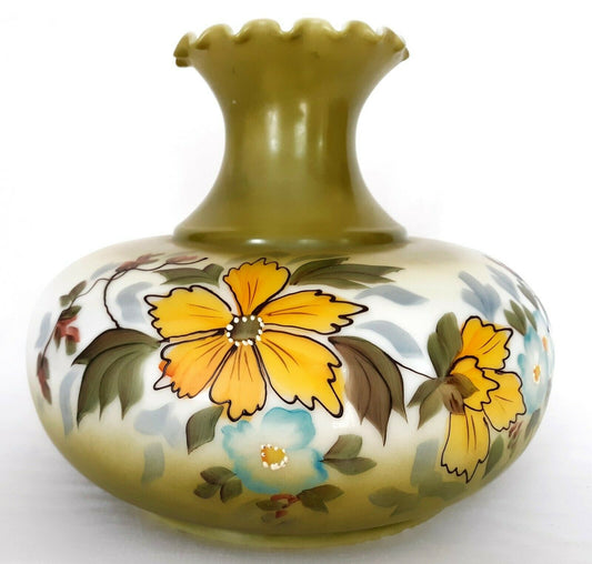 GWTW Lampshade Large Cased Glass Hand Painted Raised Floral Fluted Top 10"Fitter