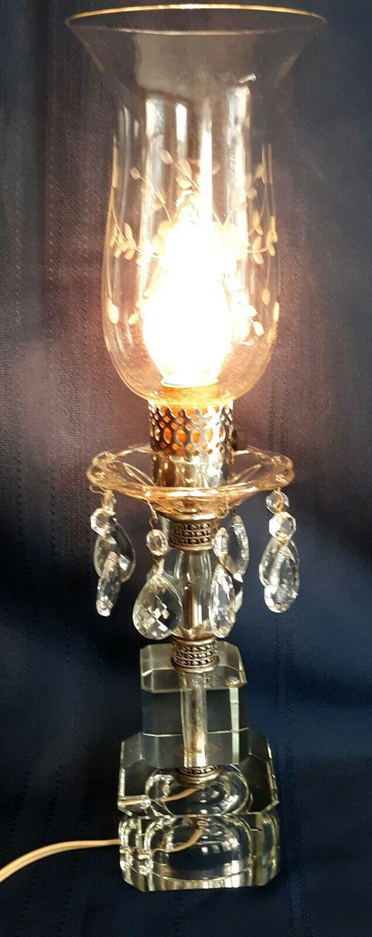 Vintage Art Deco Stacked Cut Lead Crystal Glass Lamp w/Dangling Crystals Glass Lampshade