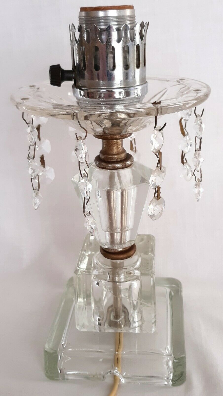 Pair Lamps Crystal Pressed Glass w/Dangling Crystal Bead Prisms Vanity