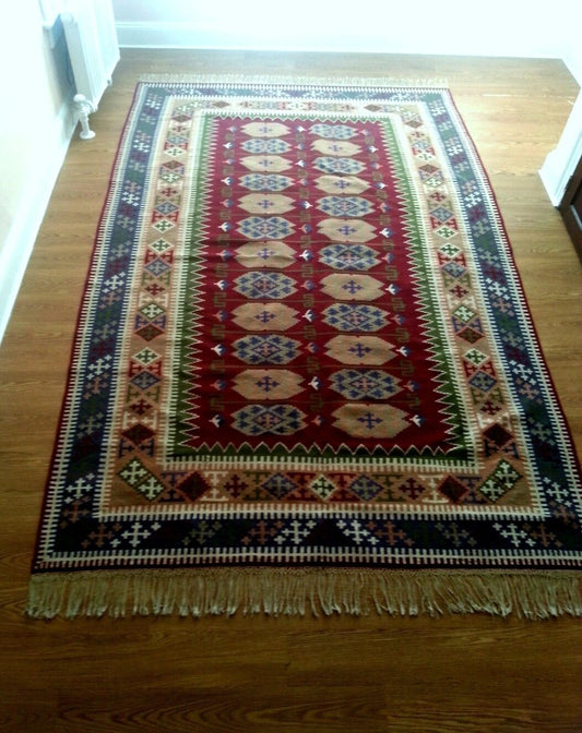 77"x130" Antique Vintage Old Handmade Hand Woven Wool Cotton Reversible Kilim Flat Weave Area Rug