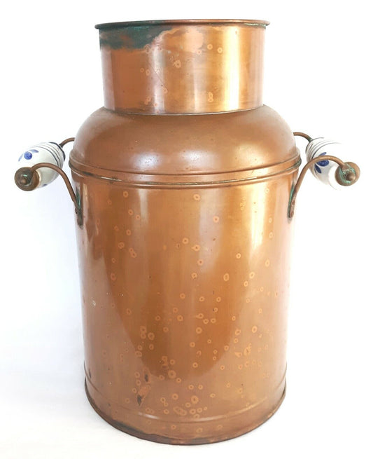 Dutch Copper Dairy Milk Farm Tall Bucket Jug Delft Blue Ceramic Handles Rustic