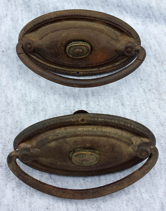 Pair Antique Vintage Old Reclaimed Salvaged Metal Drawer Cabinet Furniture Door Drop Pull Handle Plate