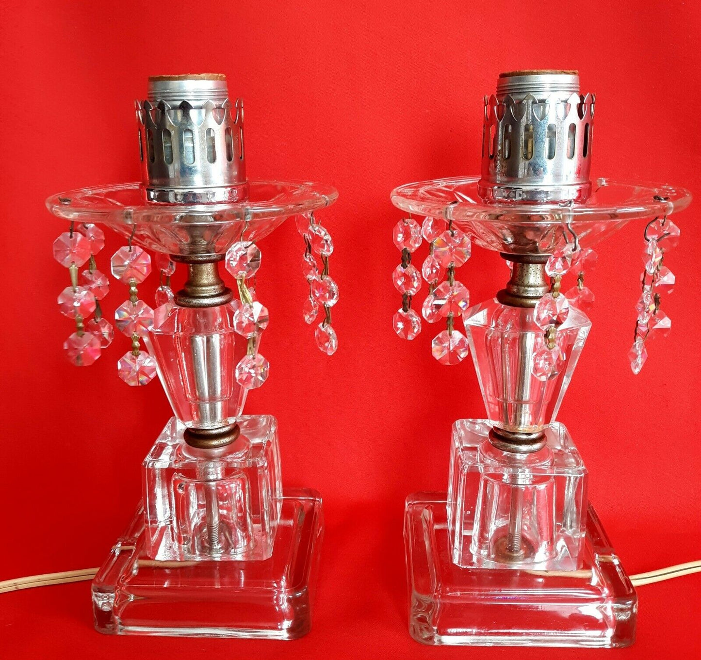 Pair Lamps Crystal Pressed Glass w/Dangling Crystal Bead Prisms Vanity