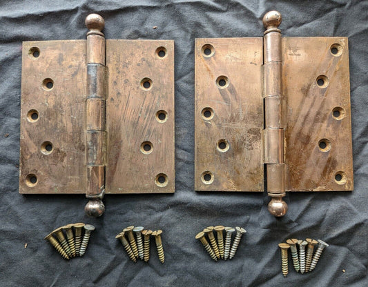 Pair 6"x6" Antique Vintage Old Reclaimed Salvaged "Stanley" Bronze Steel Exterior Entry Door Hinges