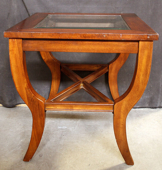 Vintage Old Reclaimed Salvaged Solid Wood Wooden Cherry Side End Accent Lamp Sofa Table Beveled Glass