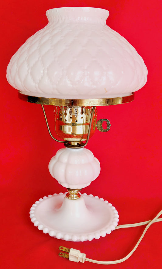 Vintage Milk Glass Lamp Beaded Tray Base Quilted Diamond Pattern Shade Parlor Table Statement Lamp GWTW Style Retro Lighting