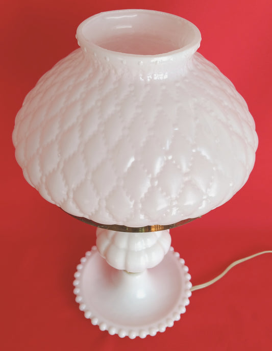 Vintage Milk Glass Lamp Beaded Tray Base Quilted Diamond Pattern Shade Parlor Table Statement Lamp GWTW Style Retro Lighting