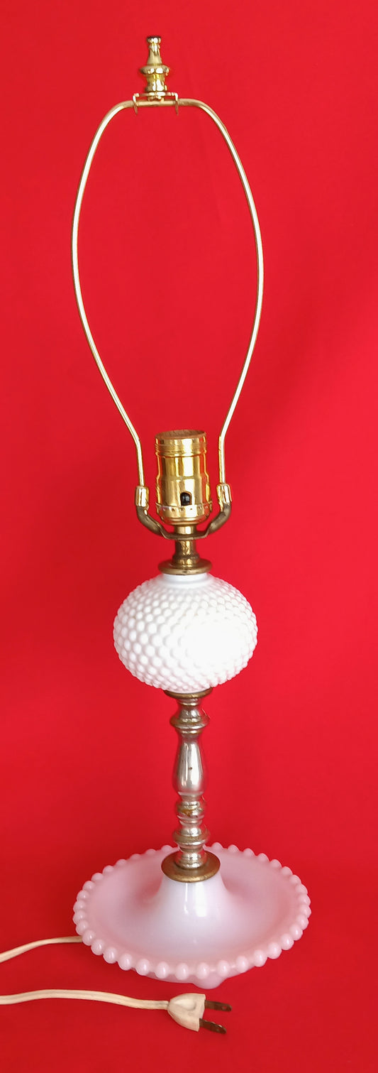 Vintage White Milk Glass Beaded Hobnail Table Lamp Desk Boudoir Bedroom Vanity Footed w/Harp + Finial 22 1/4" Tall