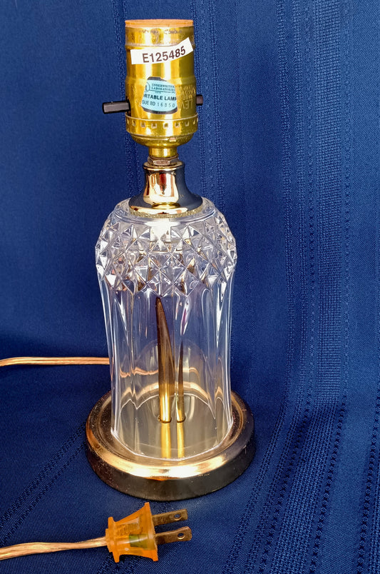 Vintage Small Electric Lamp Clear Crystal Pressed Glass Brass Geometric Diamond Design Dresser Side End Table Accent Lamp