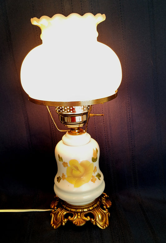 Vintage GWTW Style Milk Glass Table Lamp Painted Yellow Rose Ornate Solid Brass Base Shade w/Scalloped Edge Dresser Desk Parlor Vanity Lamp