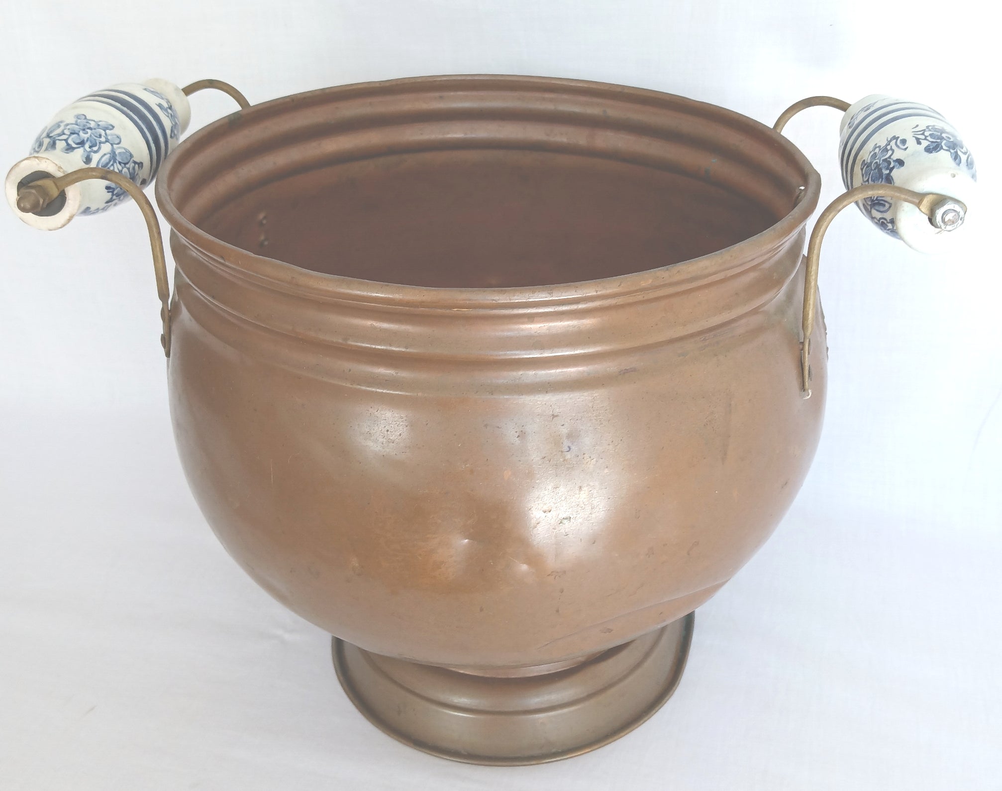 copper pot planter Vintage Dutch Copperware Planter Delft Blue Ceramic Handles Pedestal L – PennAntique