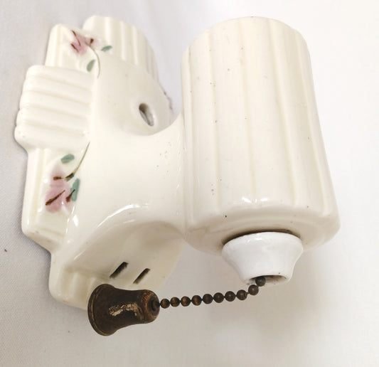 Vintage Art Deco One Light Floral Off White Glazed Ceramic Porcelain Sconce Plug In Pull Chain Bathroom Flush Mount Fixture Retro Lighting