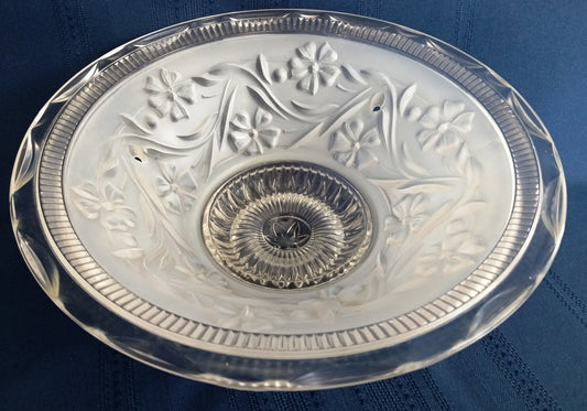 Vintage Art Deco Lampshade White Raised Floral Design and Clear Glass Round Shade Ceiling Pendant Light 3 Holes Scalloped Rim 10 1/2” D