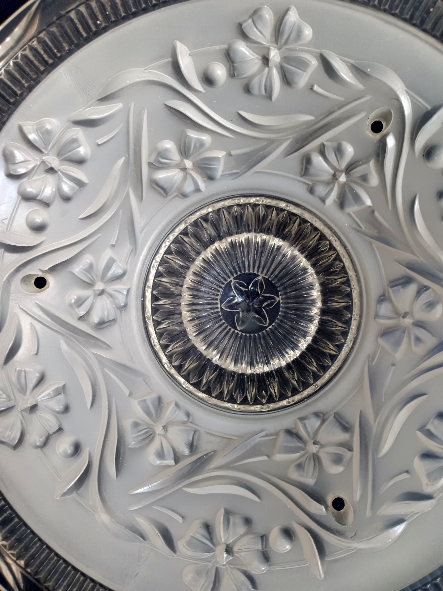 Vintage Art Deco Lampshade White Raised Floral Design and Clear Glass Round Shade Ceiling Pendant Light 3 Holes Scalloped Rim 10 1/2” D