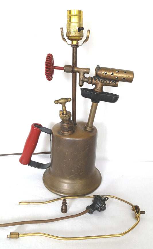 Antique Otto Bernz 1910 Decorative Upcycled Welding Blow Torch Electric Desk Lamp Brass Wood Handle Harp Man Cave Décor Retro Collectible