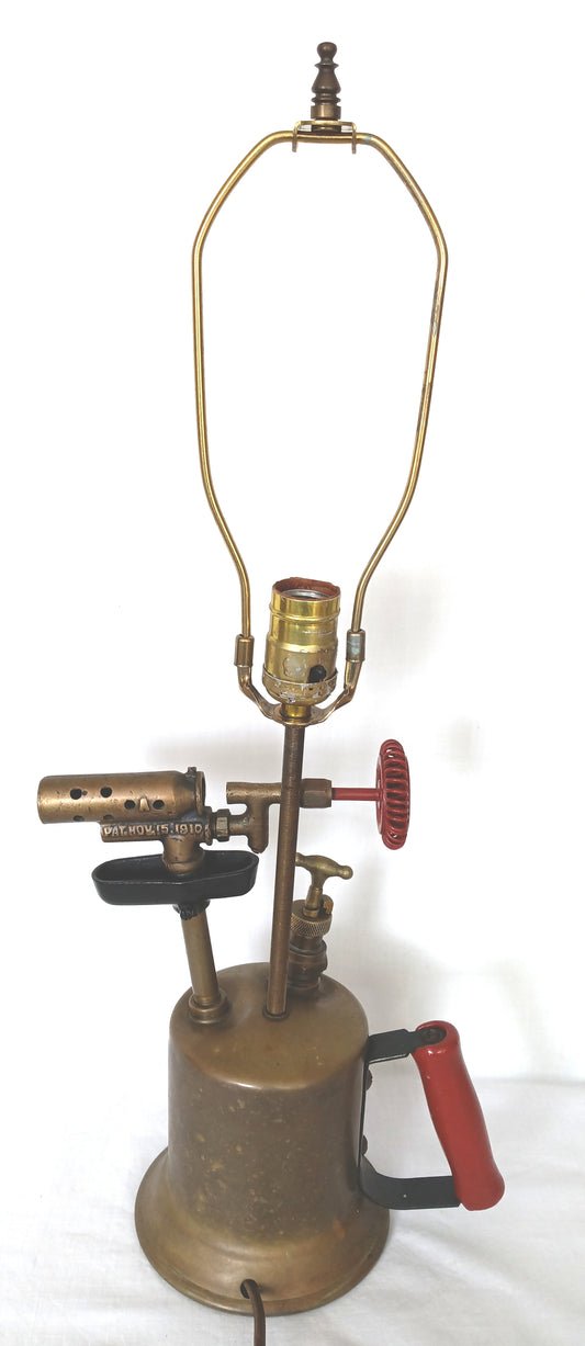 Antique Otto Bernz 1910 Decorative Upcycled Welding Blow Torch Electric Desk Lamp Brass Wood Handle Harp Man Cave Décor Retro Collectible