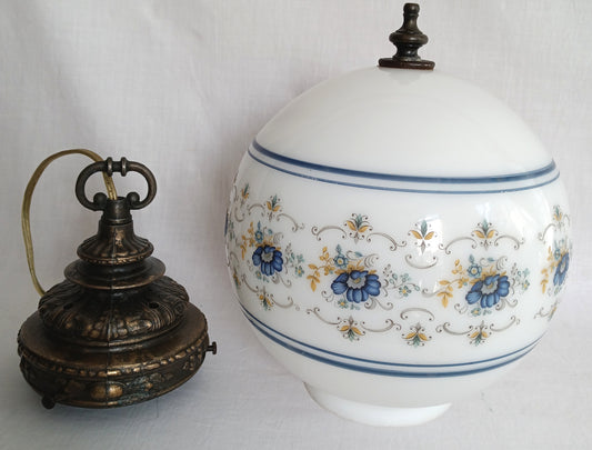 Vintage L&L WMC 1971 Ceiling Fixture Pendant Quoizel Abigail Adams Blue Poppy Floral Milk Glass Globe Canopy Porcelain Light Socket Finial