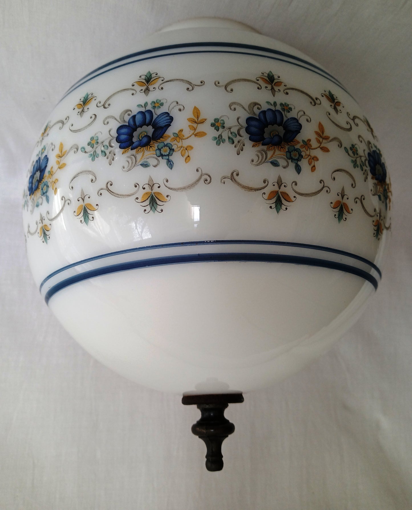 Vintage L&L WMC 1971 Ceiling Fixture Pendant Quoizel Abigail Adams Blue Poppy Floral Milk Glass Globe Canopy Porcelain Light Socket Finial