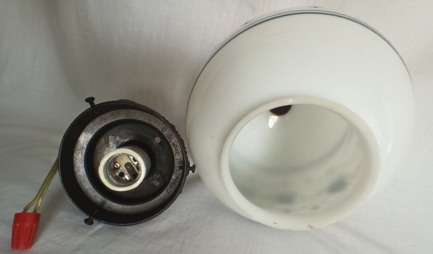 Vintage L&L WMC 1971 Ceiling Fixture Pendant Quoizel Abigail Adams Blue Poppy Floral Milk Glass Globe Canopy Porcelain Light Socket Finial