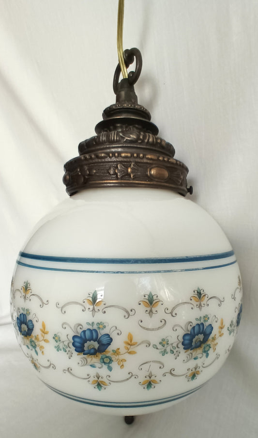 Vintage L&L WMC 1971 Ceiling Fixture Pendant Quoizel Abigail Adams Blue Poppy Floral Milk Glass Globe Canopy Porcelain Light Socket Finial